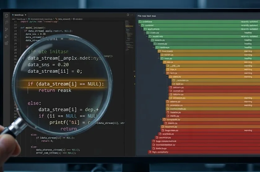 Magnifier over source code beside a colour-coded file-tree heat map