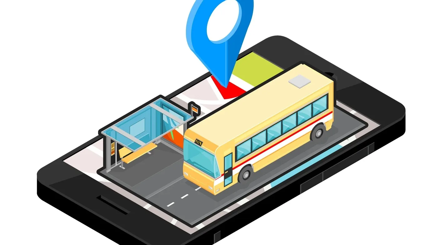 Bus and bus stop rendered on a phone map with a location pin